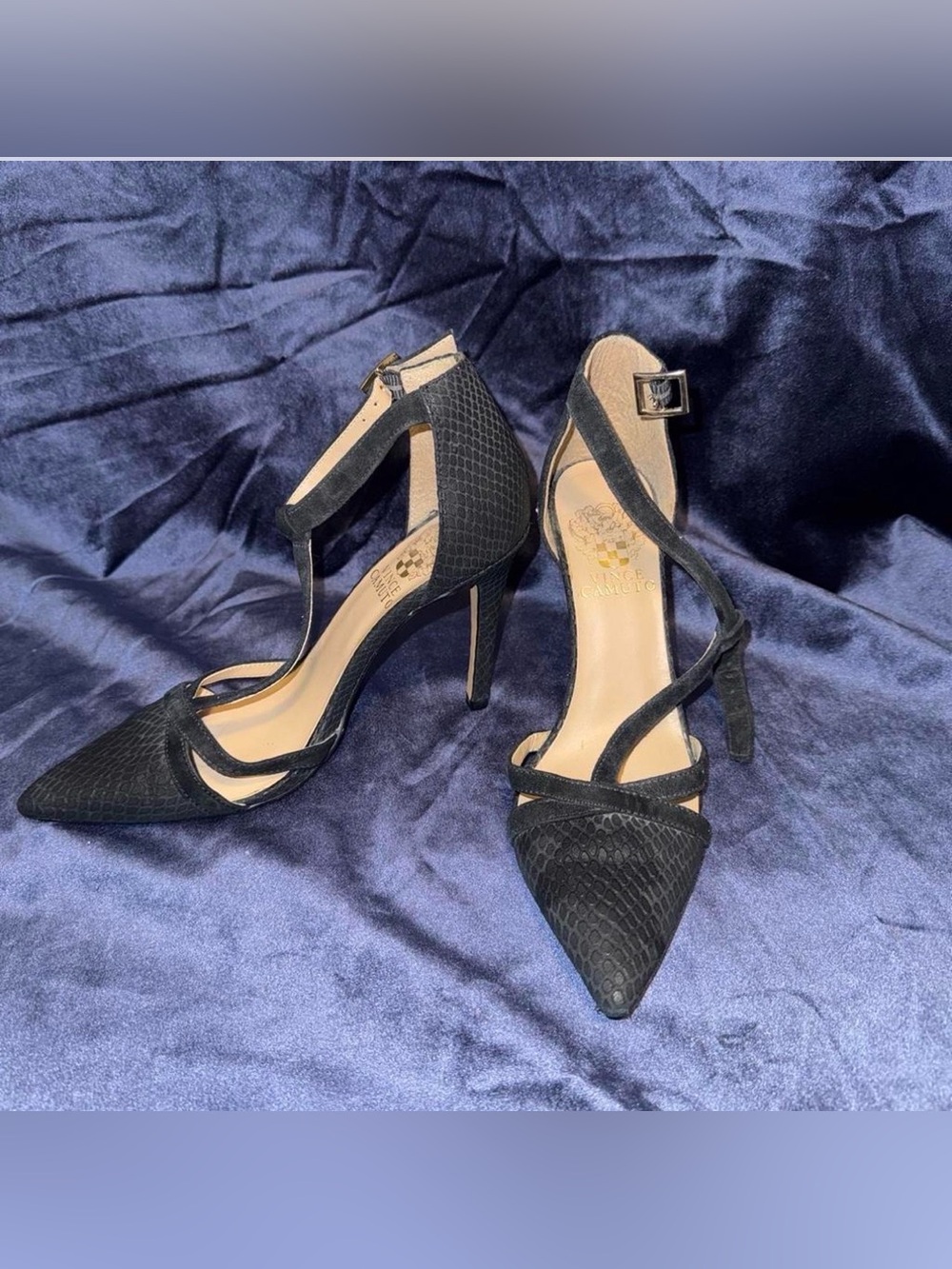 Vince Camuto Black Textured T-Strap Pointed Toe Heels